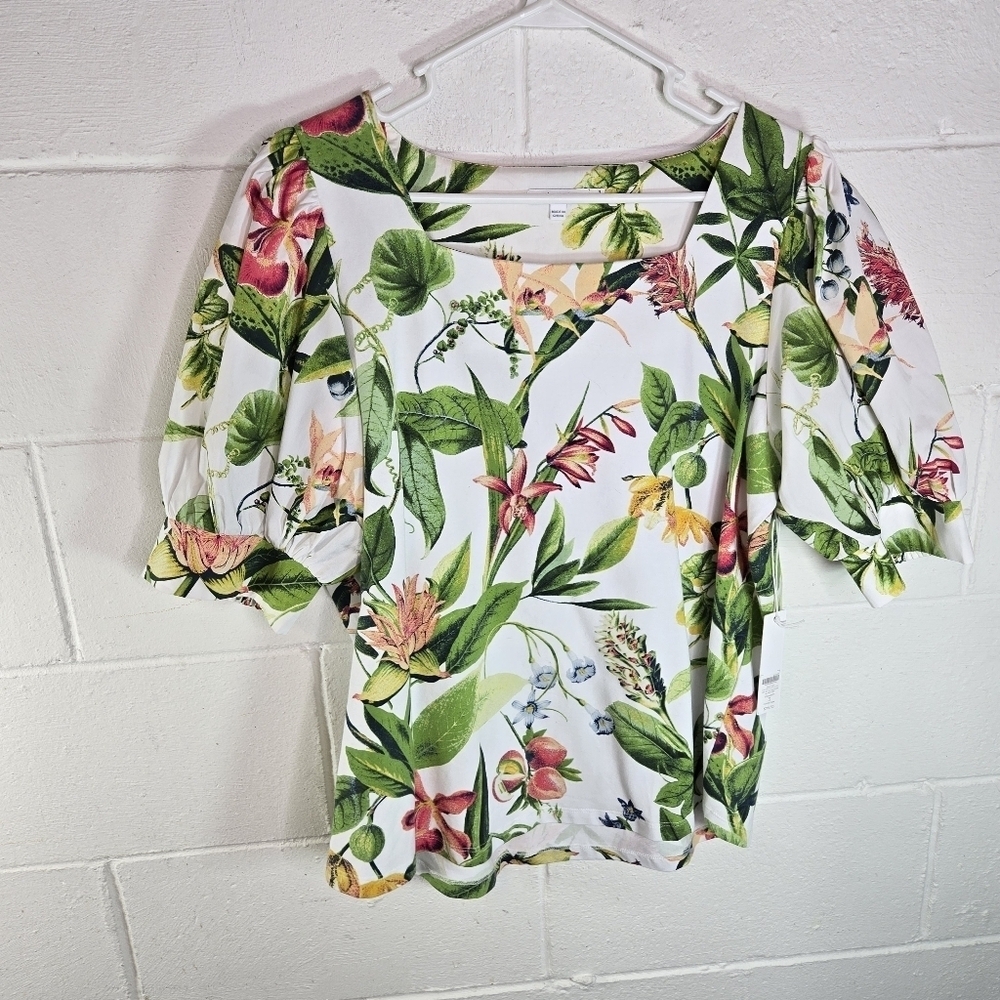 Chicos white tropical floral square neck puff sleeve shirt new 3 xl - Picture 9 of 9